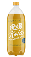 Load image into Gallery viewer, A 3-liter plastic bottle of C&amp;C Kola Champagne soda, filled with a golden yellow liquid, featuring a white label with the C&amp;C logo and a gold cap, isolated on a white background.